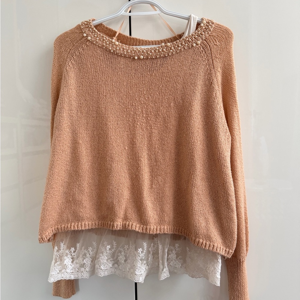 Pearl-Trim Knit Sweater in Peach - Women's Cozy Layering Top